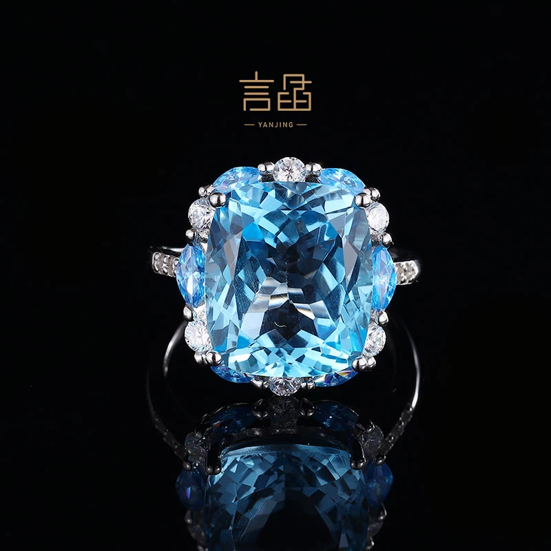 言晶珠宝S925银镶嵌轻奢经典设计款瑞士蓝方形托帕石戒指14*12