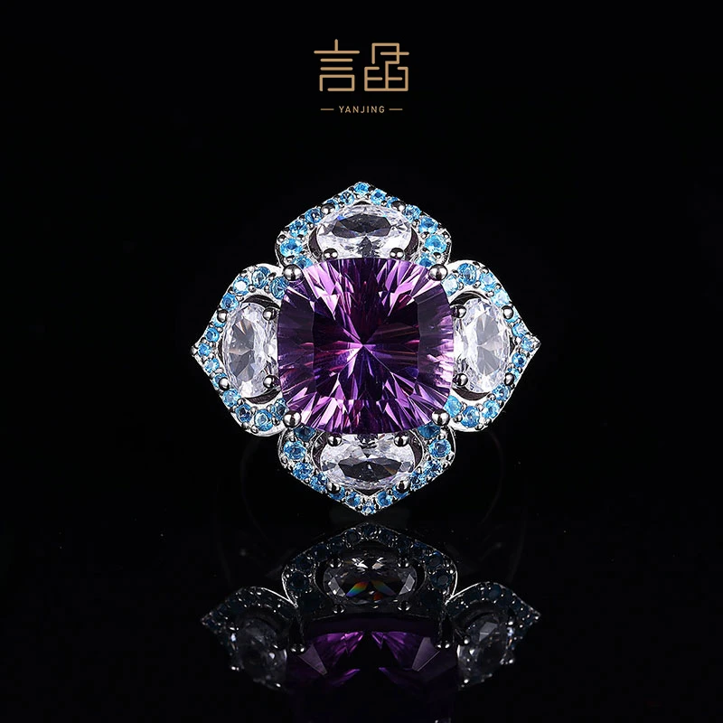 925银镶嵌天然花型豪镶大克拉紫水晶戒指