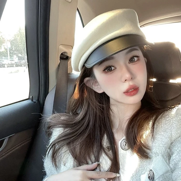 网红时尚日系秋冬复古羊毛皮檐立体甜美气质百搭报童帽时尚日系