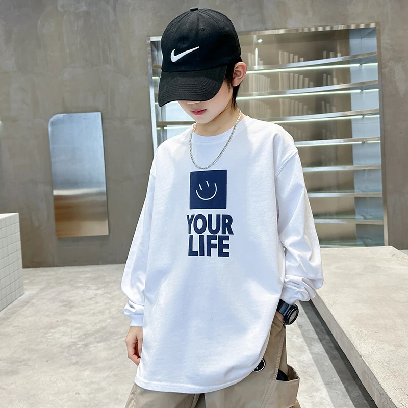 儿童百搭白色长袖T恤春秋款男孩子秋季落肩内搭男童秋装中大童装