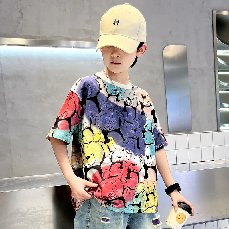 童装男童夏季短袖T恤中大童男孩子夏天衣服儿童夏装扎染小熊半袖