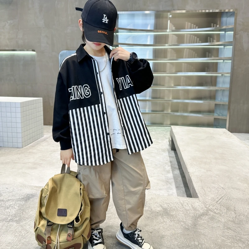 儿童春款长袖条纹衬衫外套中大童男童韩版春装男孩子春秋款衣服潮