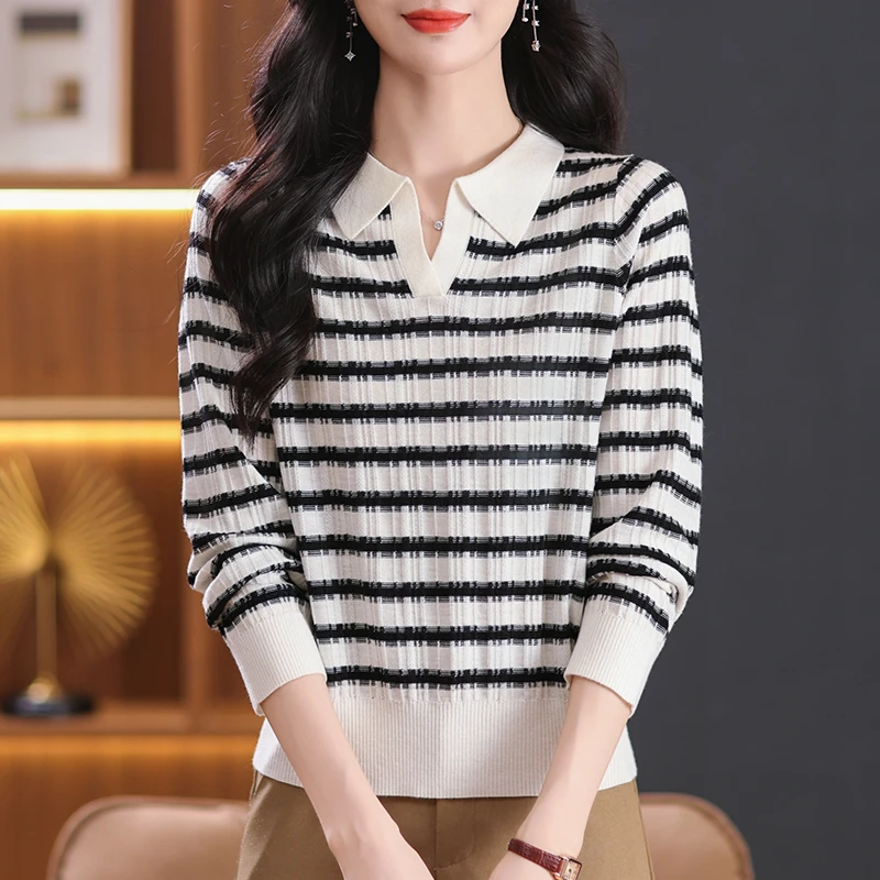 2025秋季新休闲宽松洋气百搭时尚显瘦经典条纹翻领长袖女衫