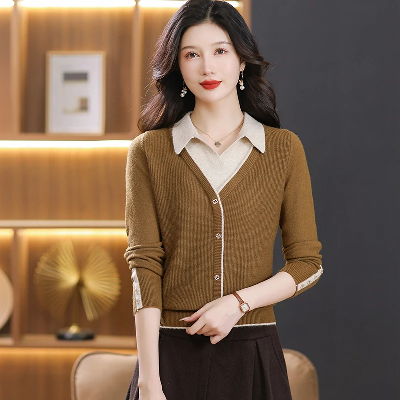 2025春秋新款休闲减龄宽松百搭翻领假两件外穿针织女衫2363