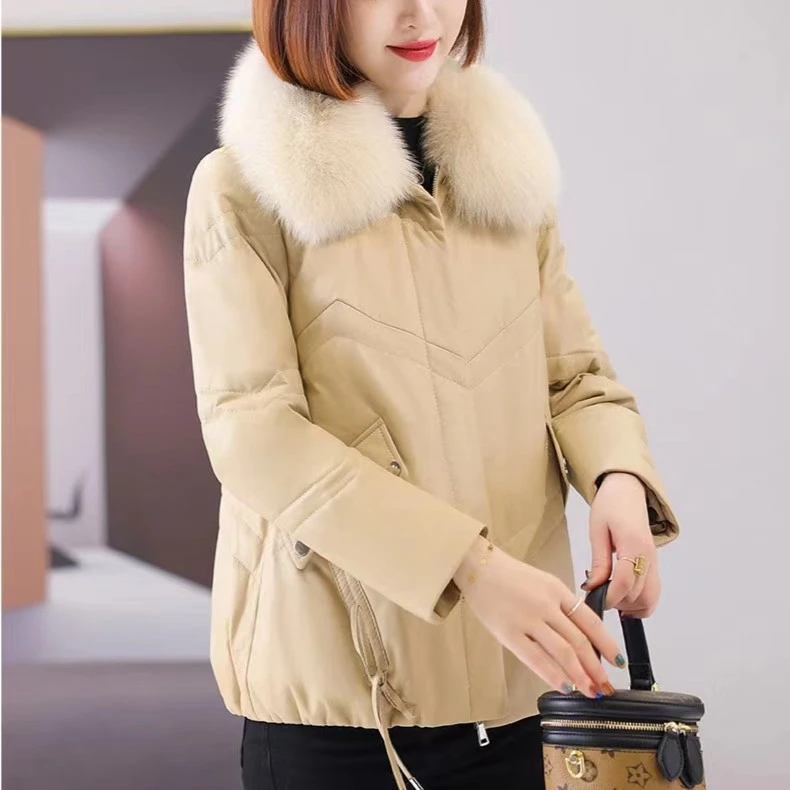 海宁2022秋冬新款狐狸毛领短款宽松真皮女装羽绒服小个子加厚外套