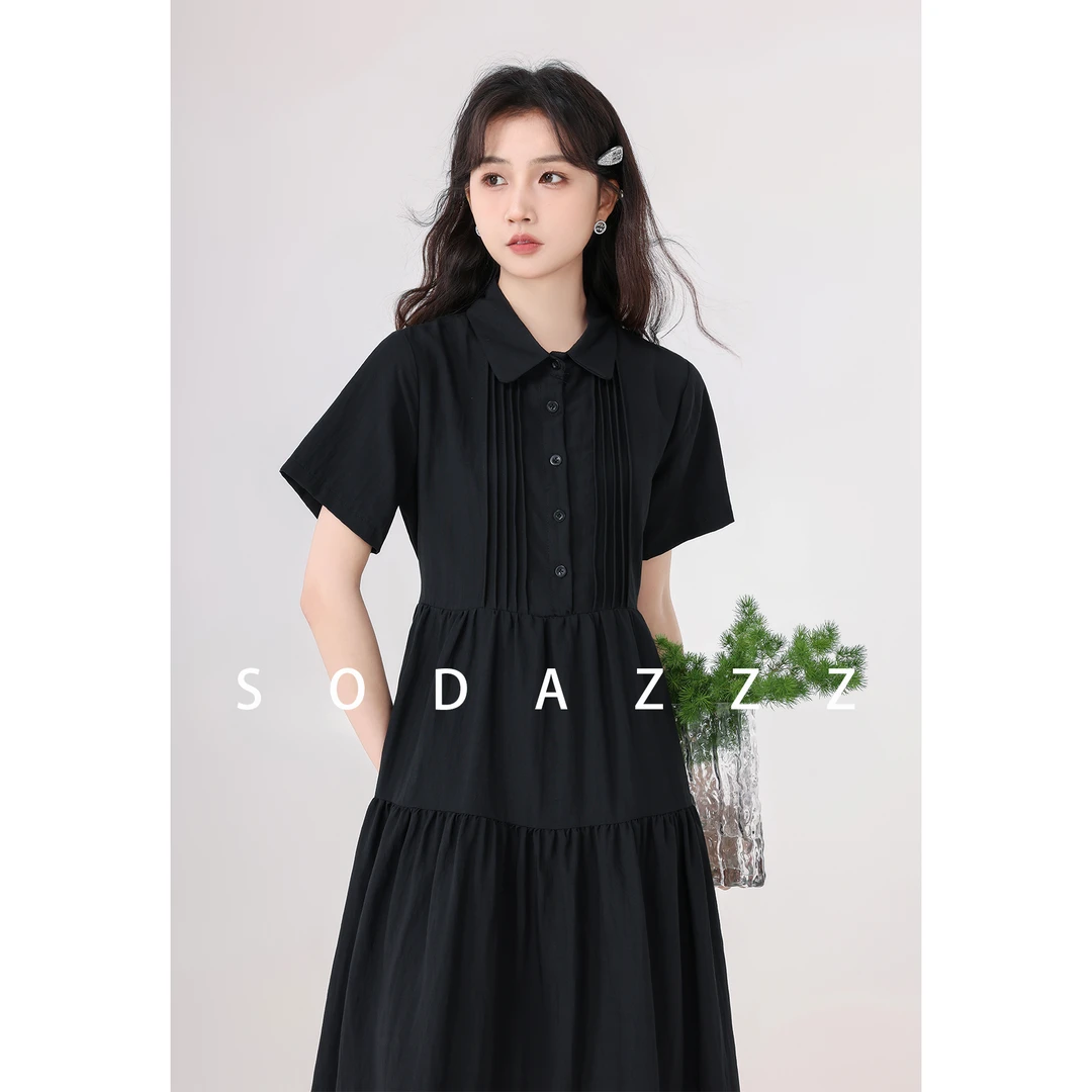 张汽水法式黑色娃娃领设计感显瘦中长款短袖连衣裙女ZQS04205
