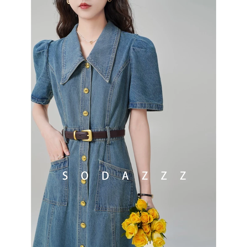 QC张汽水夏季女《巴黎旅人》蓝色娃娃领设计感减龄牛仔连衣裙子