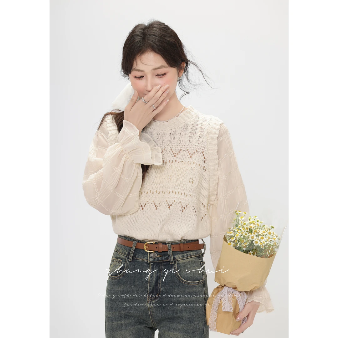 张汽水2024早春季新款法式拼接杏色长袖衬衫女圆领小众百搭上衣