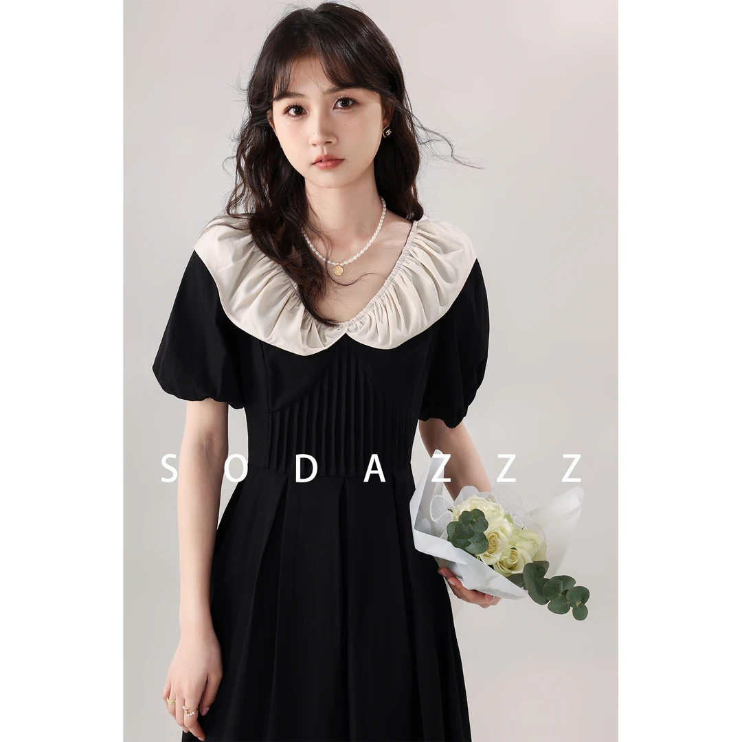 张汽水2025夏季新款韩系黑色a字裙子设计感显瘦假两件连衣裙女装