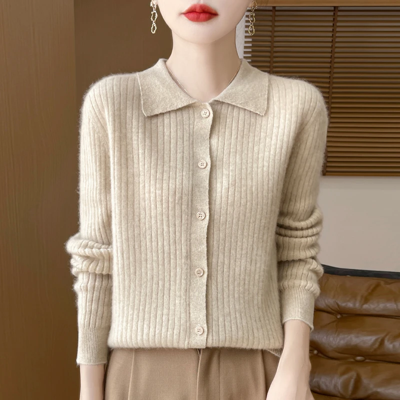 气质百搭~秋冬新款一线成衣翻领开衫提花纯羊毛衫女