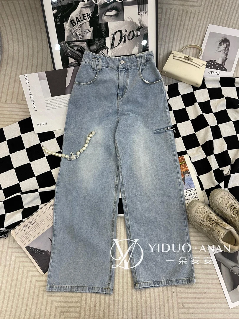 Yi·Duo 欧货破洞阔腿切口牛仔裤