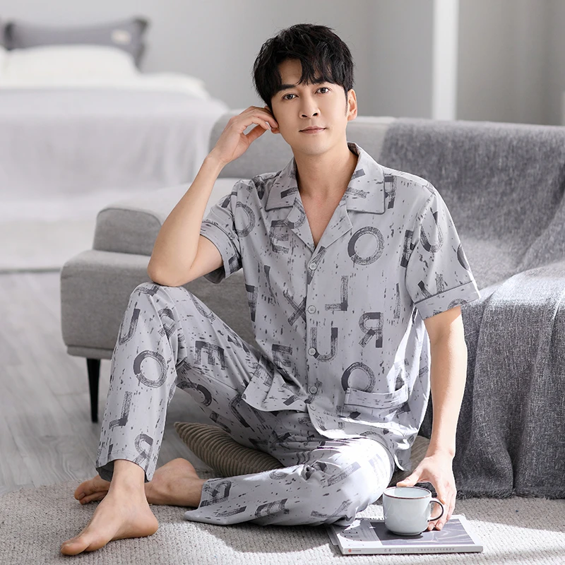 【凉感爽棉】睡衣男春夏季套装纯棉冰凉感翻领短袖长裤开衫家居服