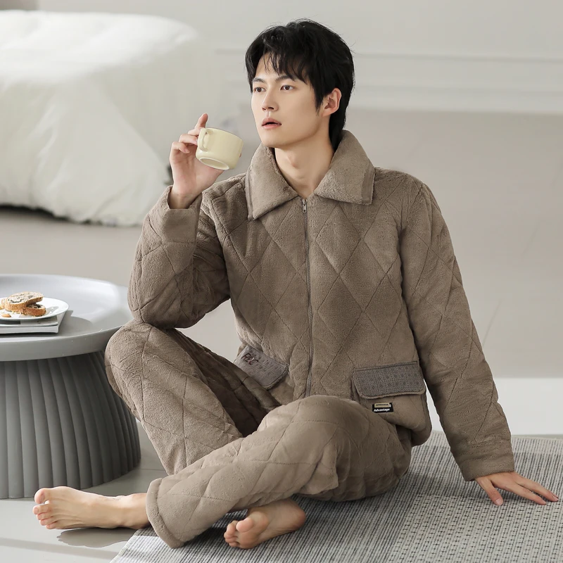 【兔绒厚夹棉】睡衣男冬季三层加绒保暖珊瑚绒夹棉男士家居服棉袄