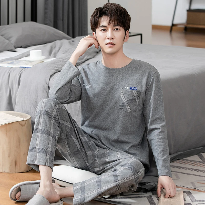 【高档纯棉】薄款睡衣套装全棉圆领套头新款家居服长袖青年中年男生