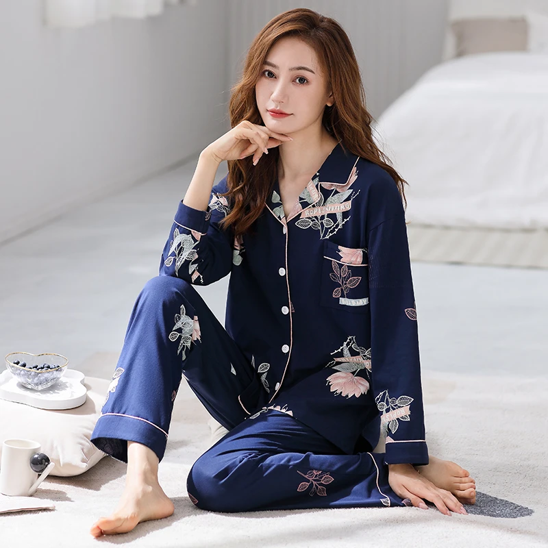 睡衣女套装纯棉春秋款长袖开衫全棉家居服中年妈妈新款爆款加大码