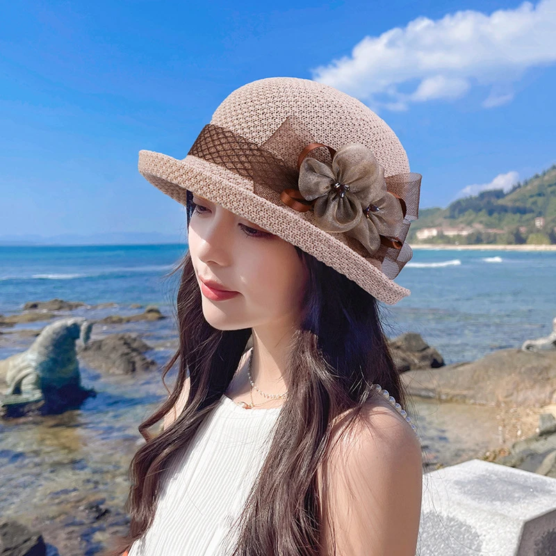 新款礼帽女夏季英伦小盆帽气质名媛法式赫本风时尚卷边遮阳太阳帽