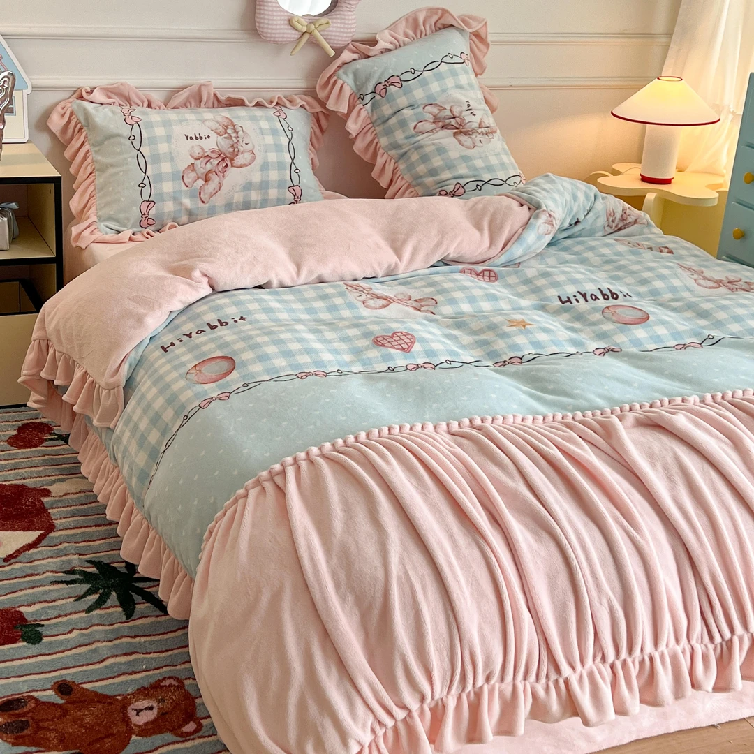 【适禾家】褶皱工艺花边款洛丽塔双面牛奶绒防静电床品套件加厚保暖