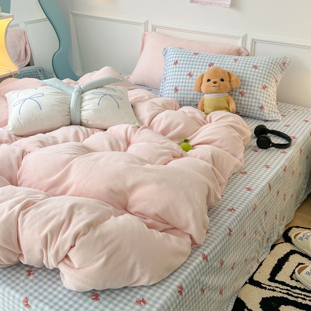 【适禾家】纯色混搭牛奶绒简约双面绒床单套件加厚保暖双面可用