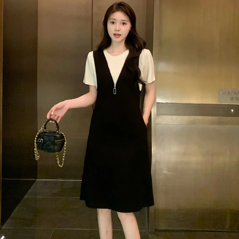 2025夏季新款假两件撞色拼接小黑裙胖mm遮肚显瘦拉链连衣裙女848