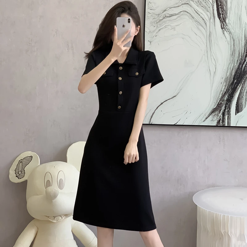 2025夏装短袖法式复古赫本风小黑裙遮肉显瘦气质Polo领连衣裙860
