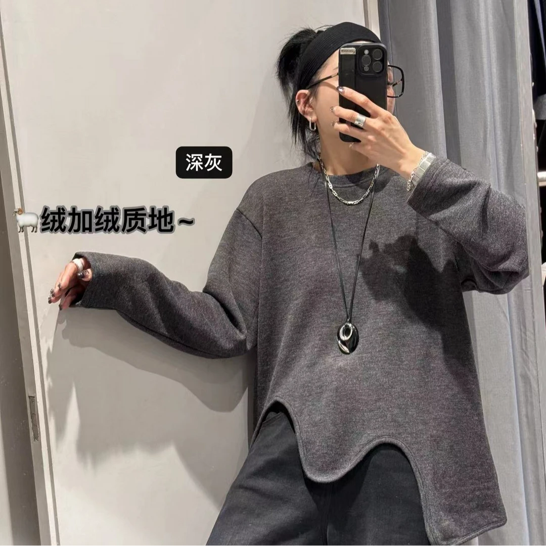 『JUNJIE』波浪上衣·极简加绒加厚羊_绒不规则下摆圆领卫衣 353