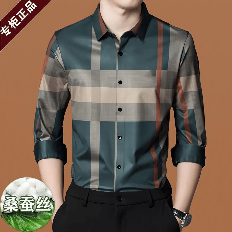 断码特价男士格子衬衫长袖高档桑蚕丝春秋薄款休闲轻奢百搭衬衣潮
