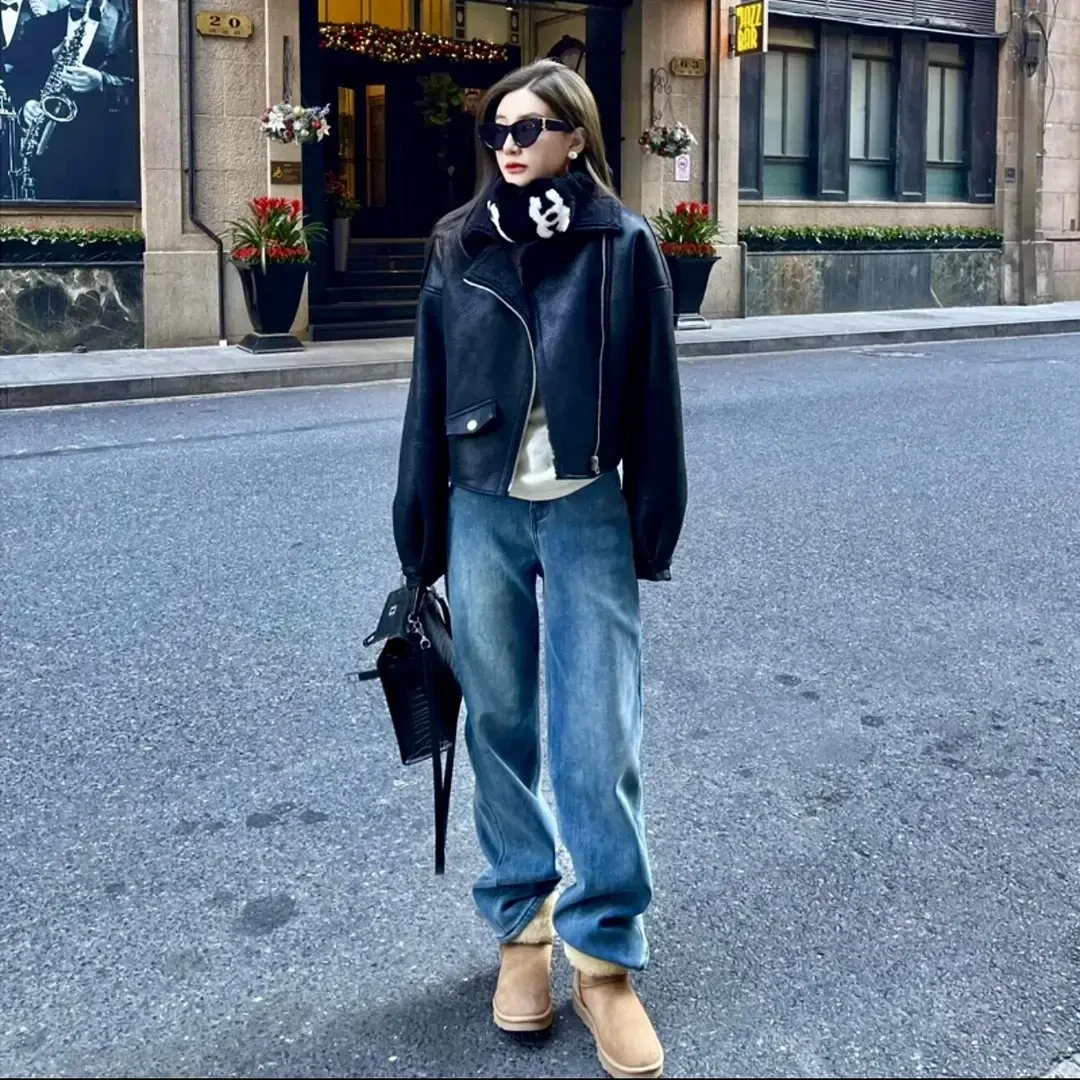 美式复古高腰阔腿牛仔裤女2025秋冬新款加绒直筒垂感显瘦拖地长裤