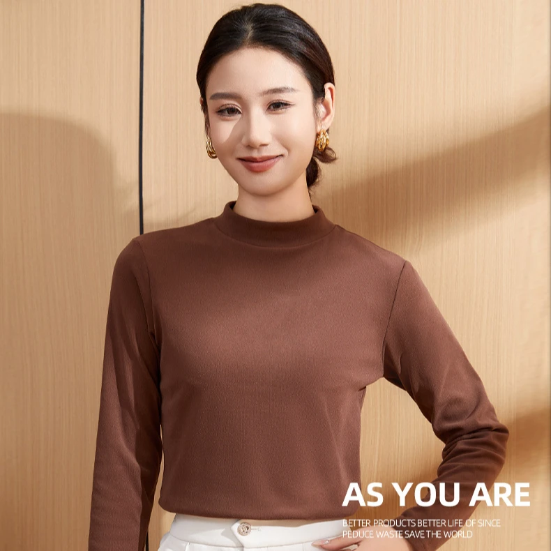 秋冬新品双面磨毛打底衫轻肤绒保暖耐穿打底百搭长袖女士修身1065