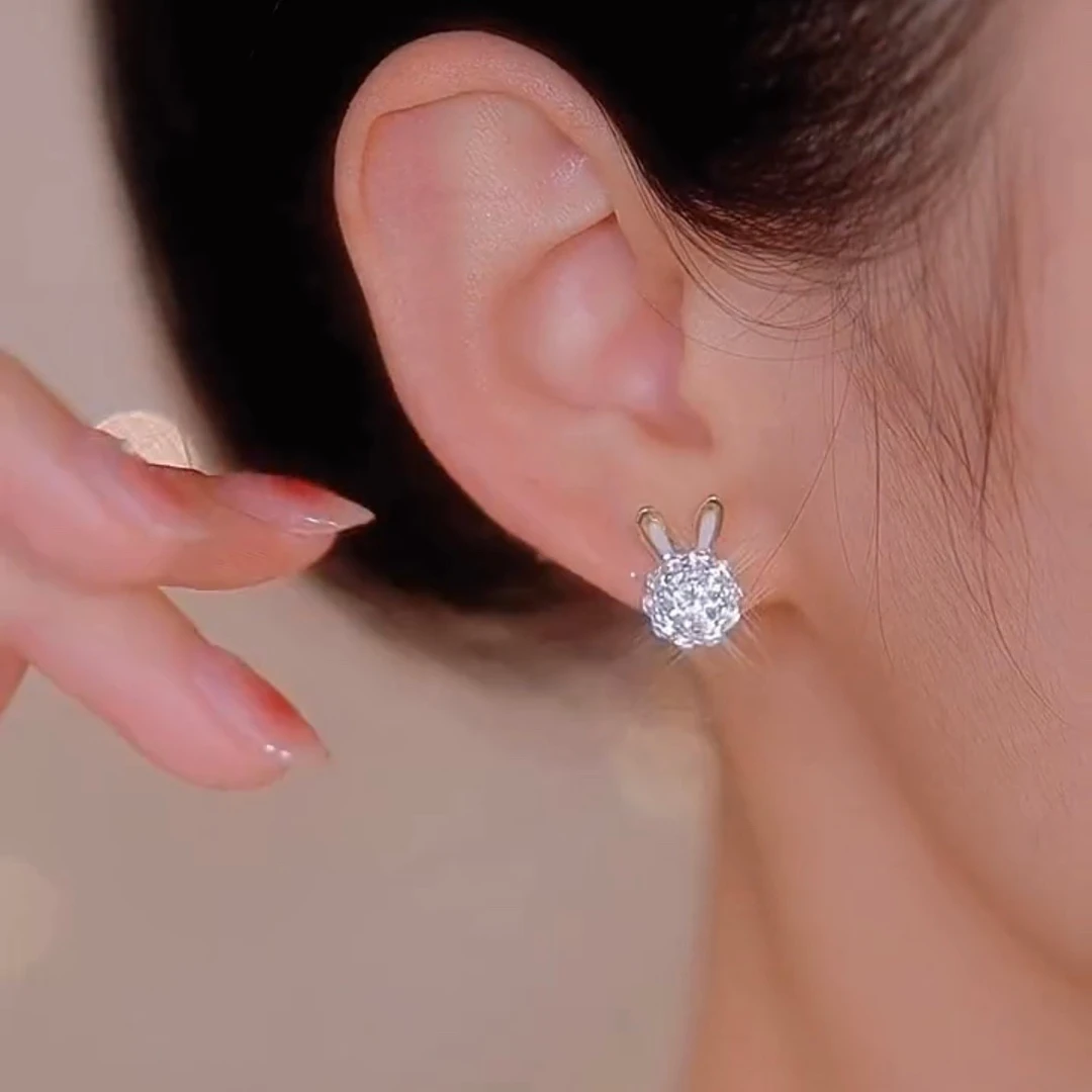 心草 925银合成锆石耳饰 小兔子纯银耳钉女旋转小众设计气质耳环