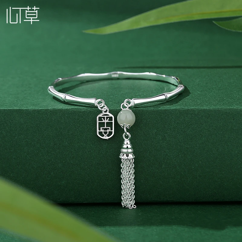 心草 足银手镯 女竹节999纯银经典实心银镯子2025新款送女友礼物