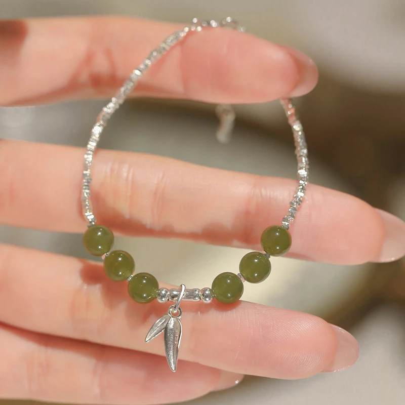 心草和田玉手链女纯银新中式气质简约国潮古风竹叶生日礼物送闺蜜