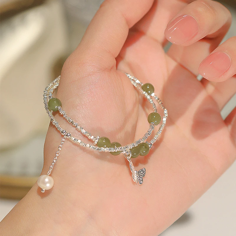 心草原创设计和田玉手链女S925银蝴蝶双层叠链轻奢国潮碎银子手串