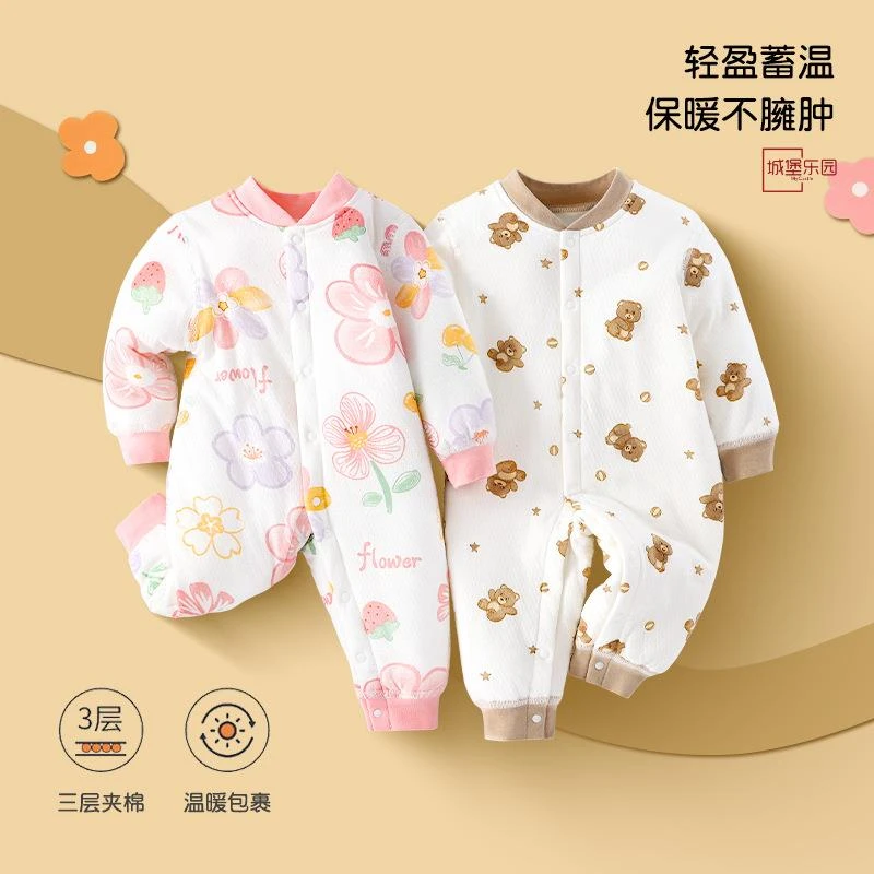 爆婴儿夹棉冬装连体衣加厚秋冬季套装新生儿夹棉哈衣宝宝保暖爬服