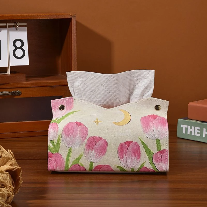 油画郁金香纸巾盒ins轻奢车载客厅桌面收纳家用餐厅创意抽纸盒