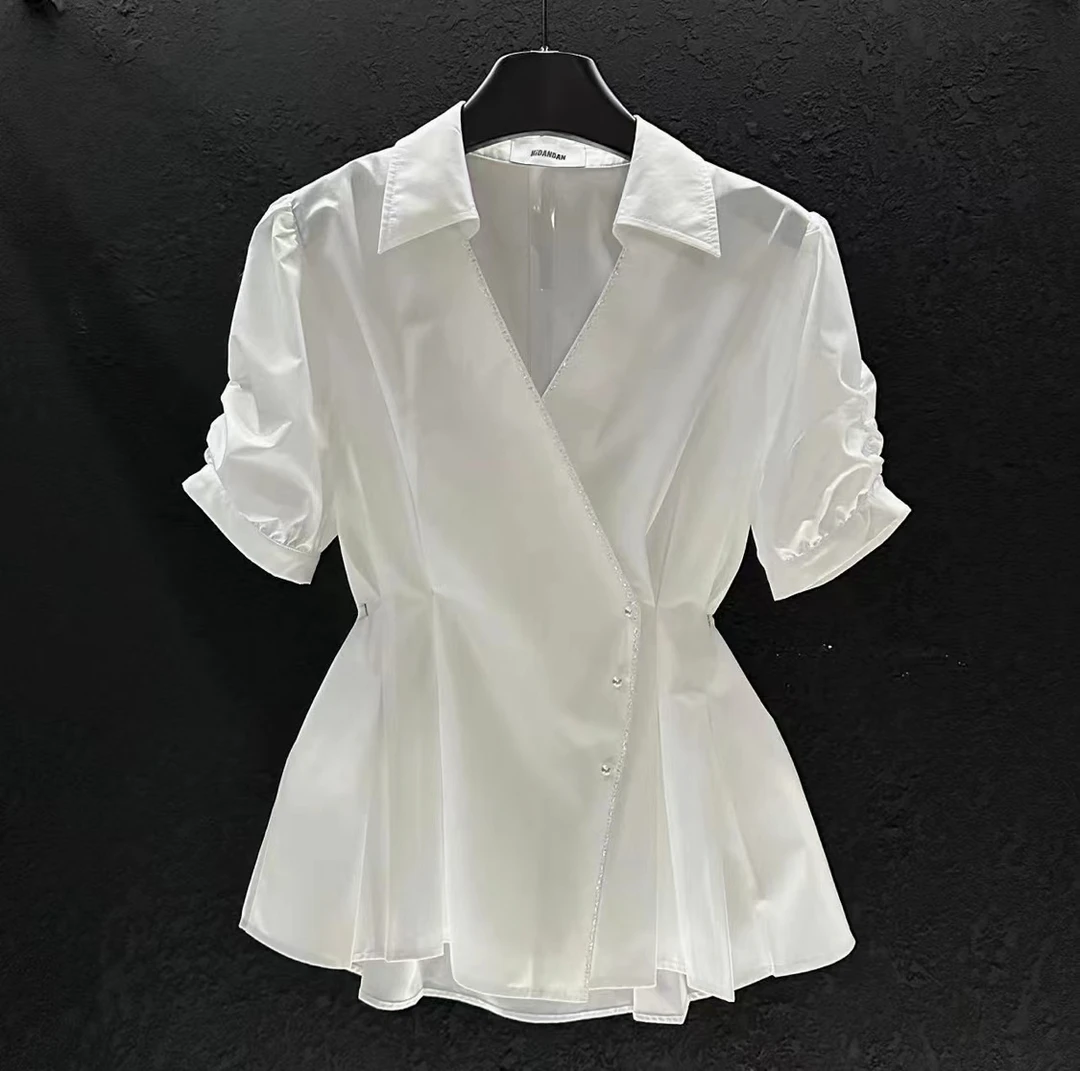 2024夏季新款法式设计感短袖衬衫女高级感气质收腰显瘦衬衫K-0867