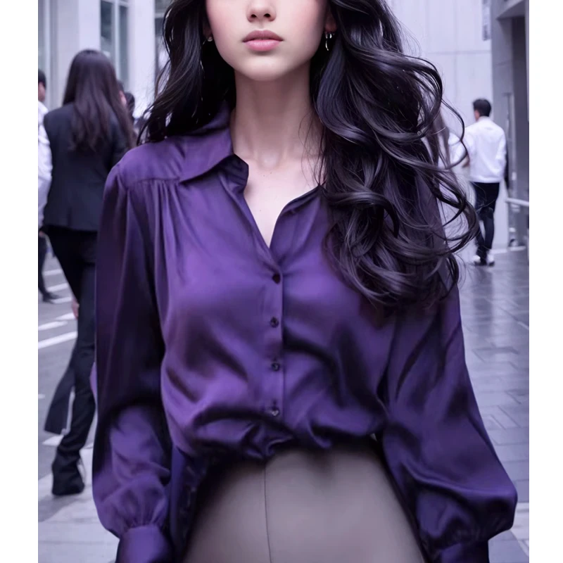 缎面葡萄紫色衬衣女秋冬2024新款法式别致洋气紫色长袖气质上衣女