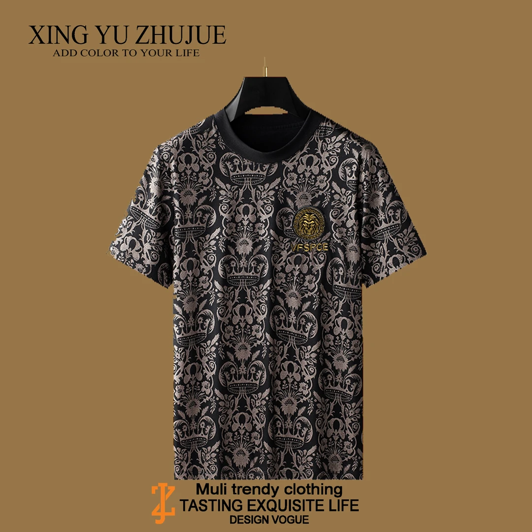 CHAO BA QU/潮8区男士时尚休闲夏季半袖印花轻奢复古修身潮流圆领