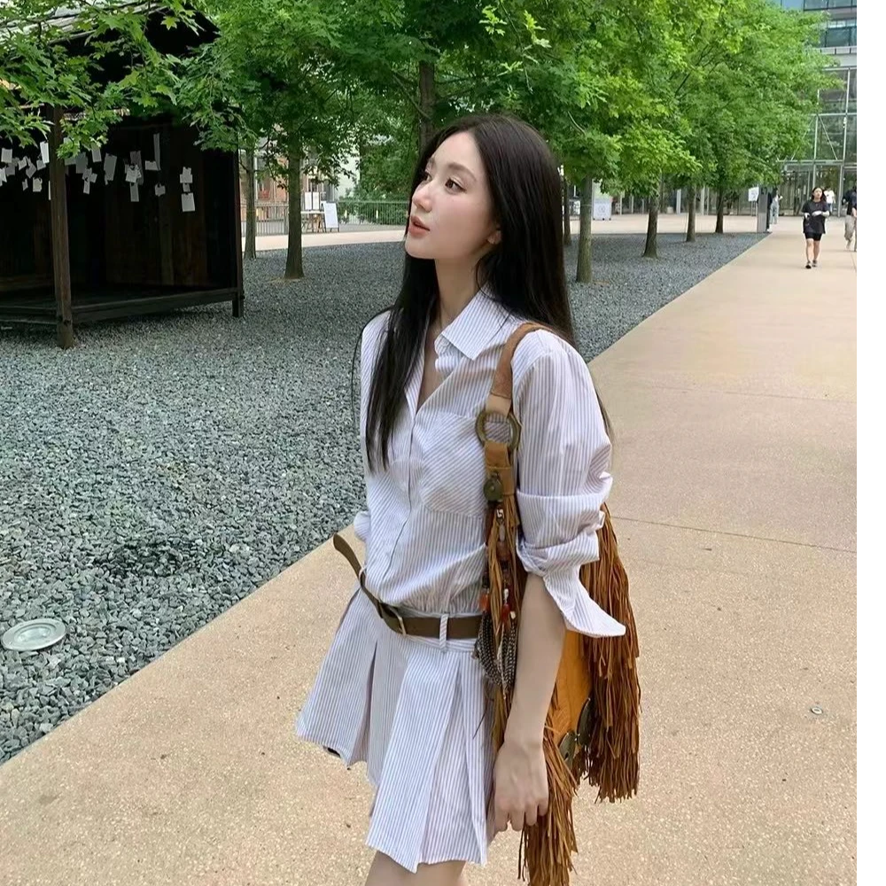 2024新款韩系POLO领条纹衬衫连衣裙学院风气质收腰显瘦百褶裙