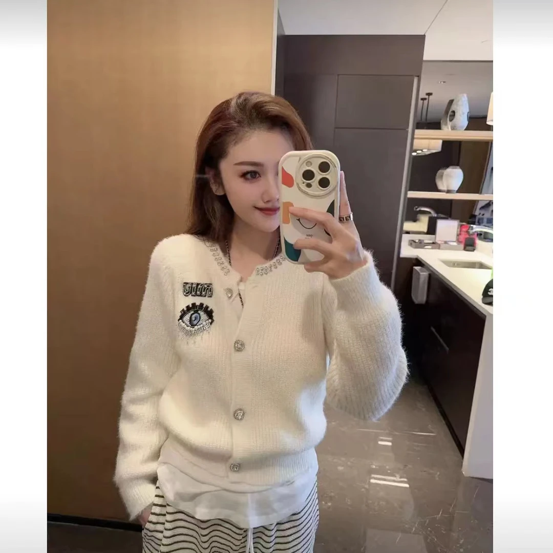 【现货】重工圆领钉钻眼睛针织短款外套00056