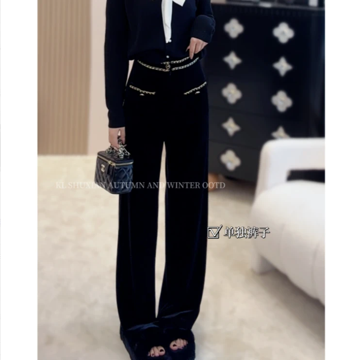 【时光独白】小香风链条丝绒窄版显瘦阔腿裤L1011