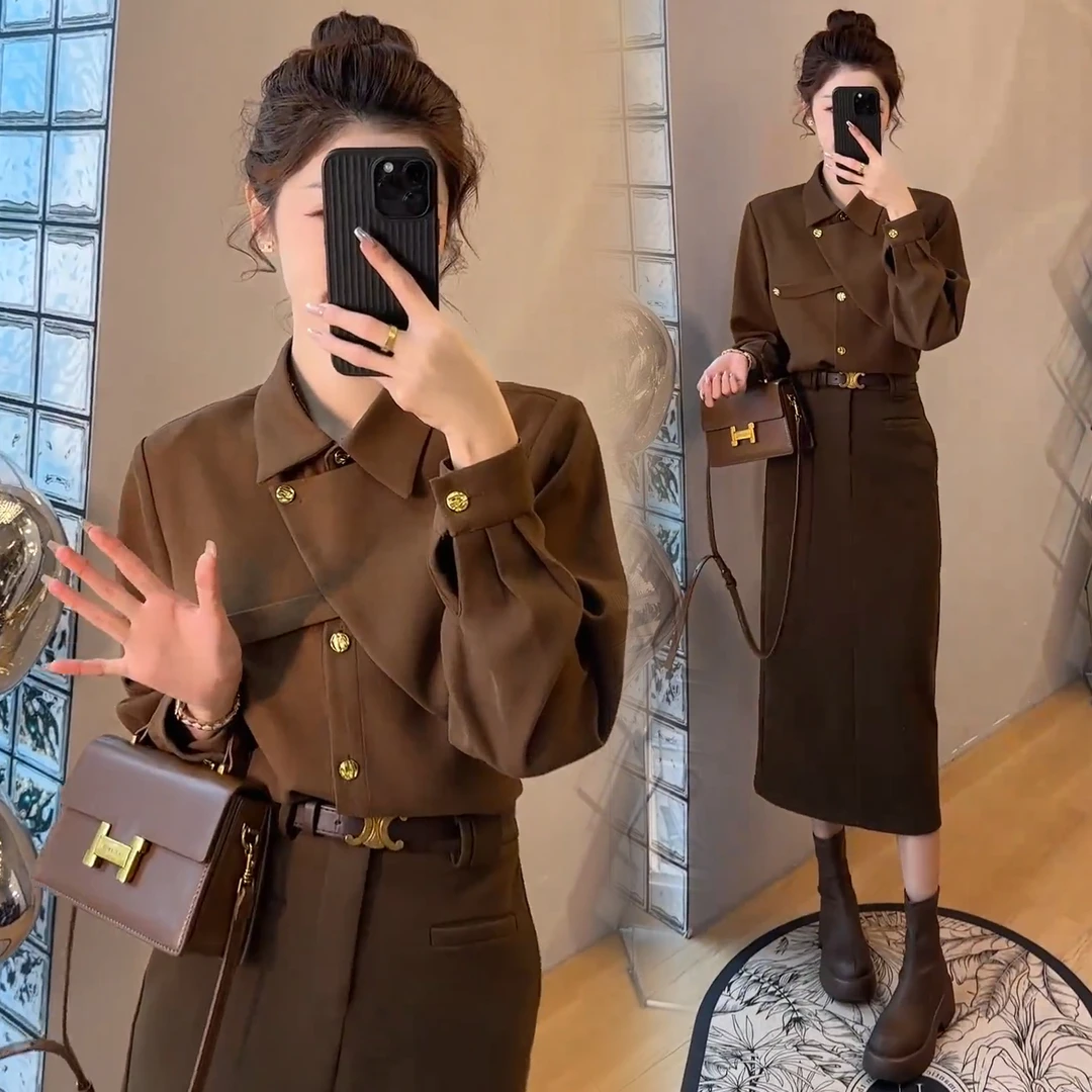 秋冬不对称设计衬衫轻奢优雅翻领长袖+中高腰H型毛呢后开衩半身裙