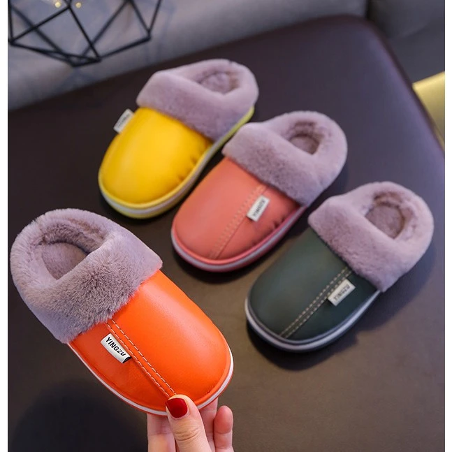 儿童棉拖鞋皮质防水加厚保暖防滑软底宝宝居家亲子室内外棉鞋毛绒