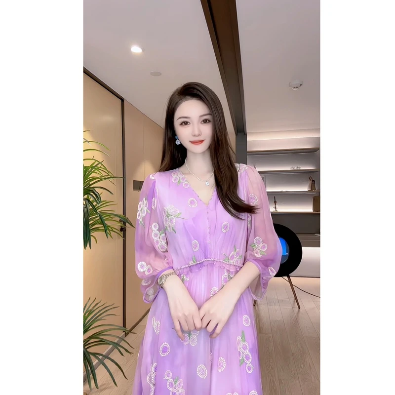 【深圳米熙儿】桑蚕丝重工刺绣绣花夏季女装连衣裙8121