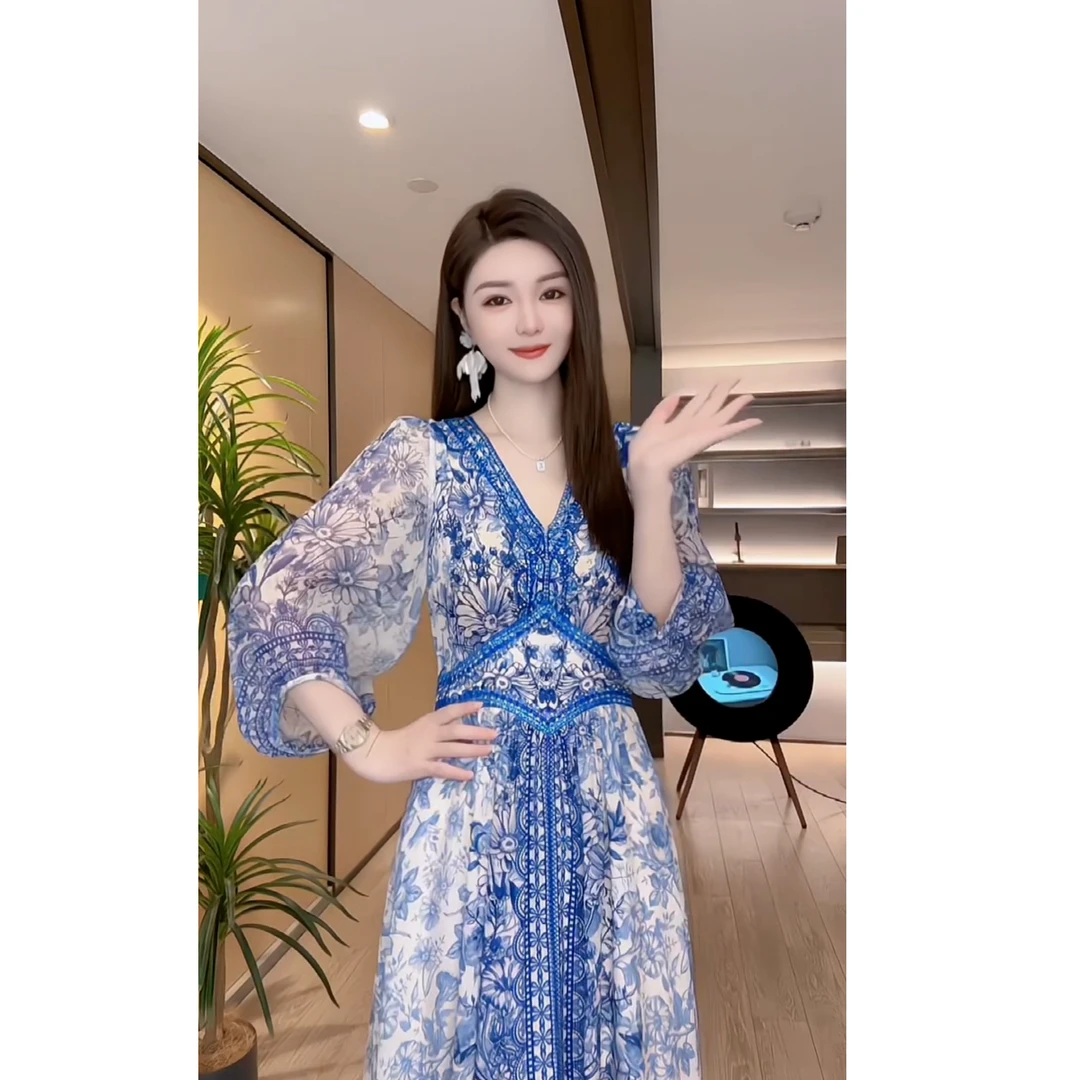 【深圳米熙儿】青花瓷——100%桑蚕丝夏季新款法式印花收腰连衣裙6029