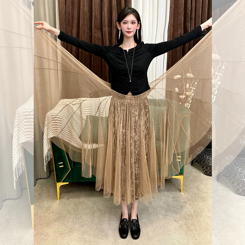 秋冬网纱两面穿金钻绒显瘦半身裙A字长裙大摆裙高腰高腰显瘦2208