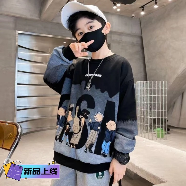 胖男童447#春秋2024新款薄上衣6-12岁大童加肥加大长袖卫衣胖童装