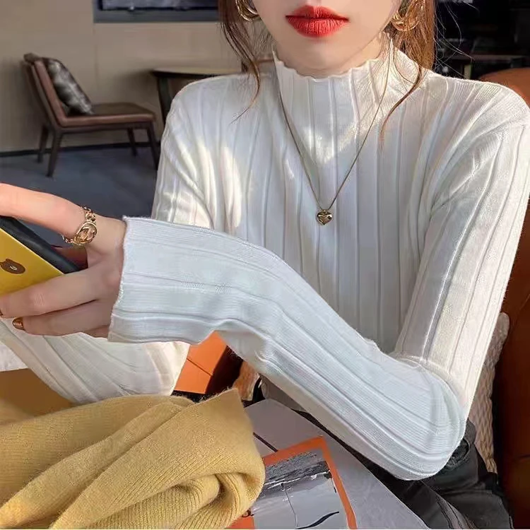 2023年新款宽坑条半高领针织打底衫女秋冬内搭修身加厚洋气毛衣