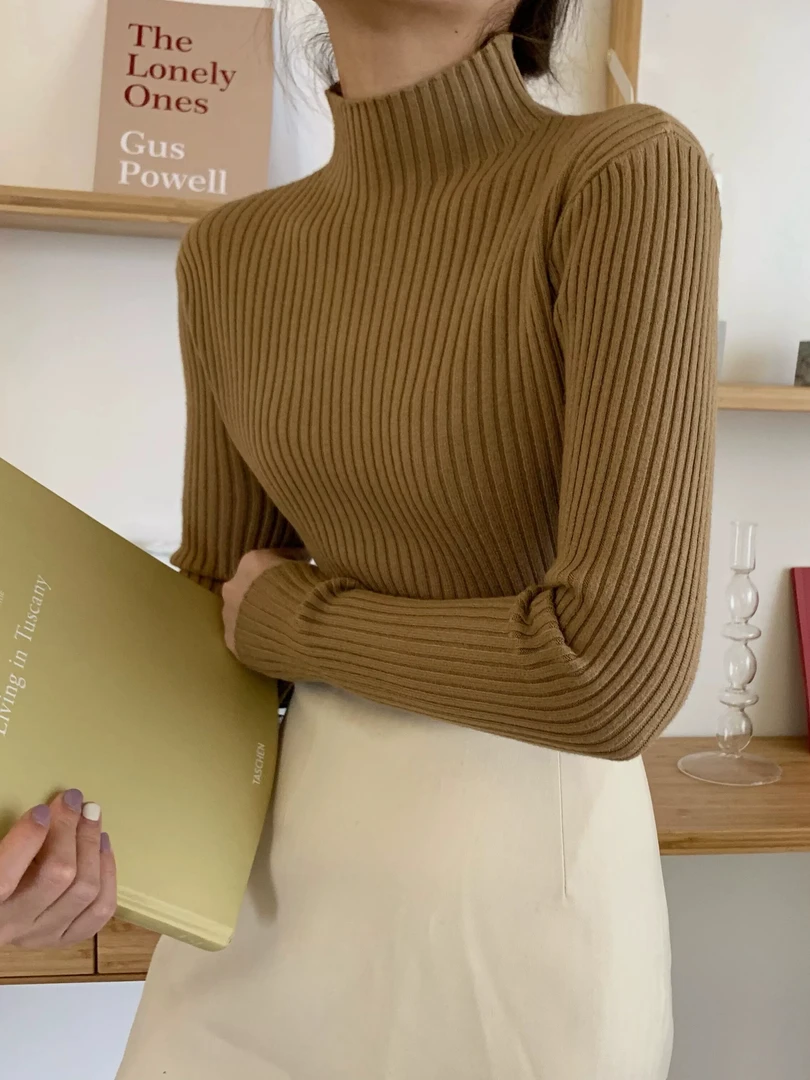 2023年气质坑条百搭半高领毛衣软糯加厚打底衫修身秋冬长袖针织女