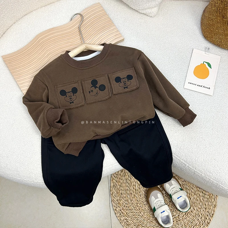 23501儿童潮流童装秋冬款休闲印花贴布米奇加绒卫衣冬季2023新款