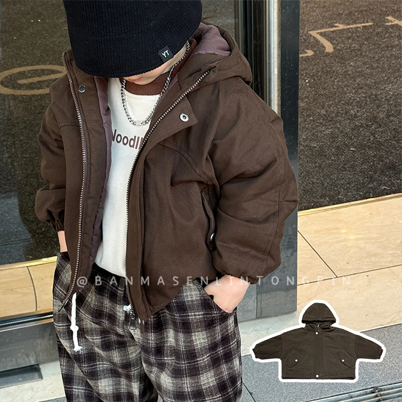 23561儿童潮流童装冬款复古连帽百搭棉衣外套宽松韩版2023冬季新